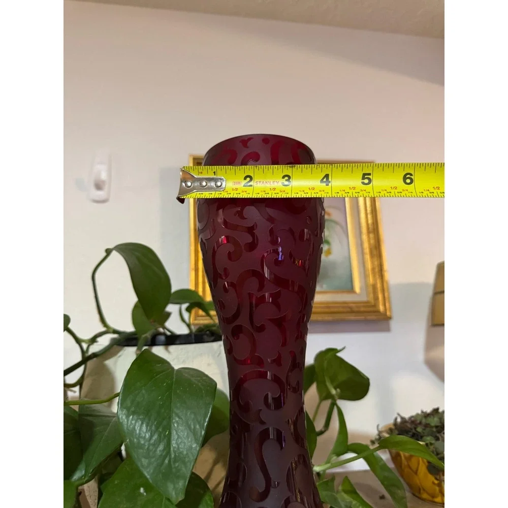 Vintage Cased‎ Ruby Red Frosted Glass Art Glass Vase - Tall Christmas